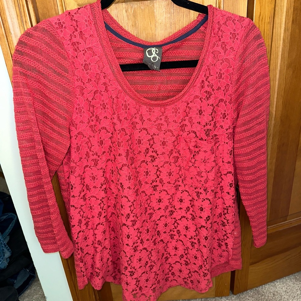 Anthropologie Red floral Lace 3/4 Sleeve Blouse